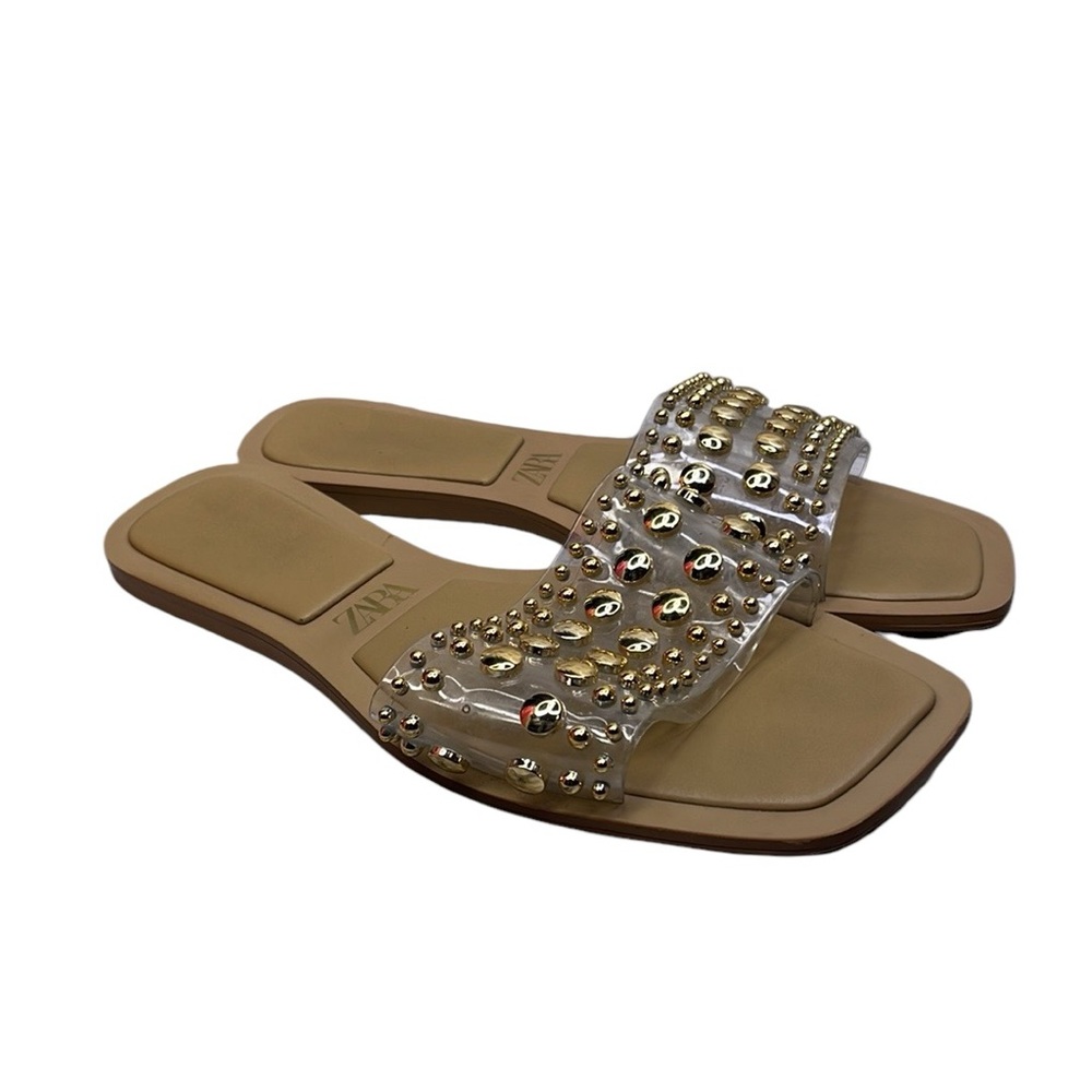 Zara Women's Gold and White Slides sandals size 39 (8) flat
